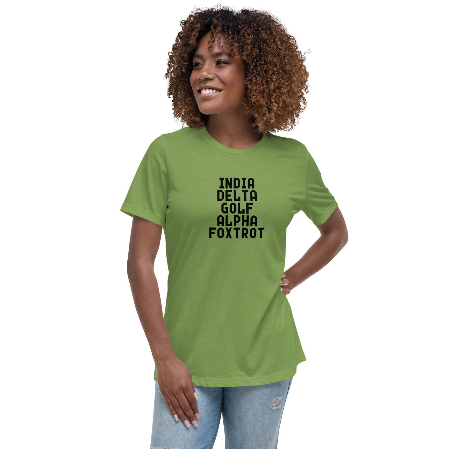 "India Delta Golf Alpha Foxtrot" printed on a leaf women's relaxed t-shirt worn by a female