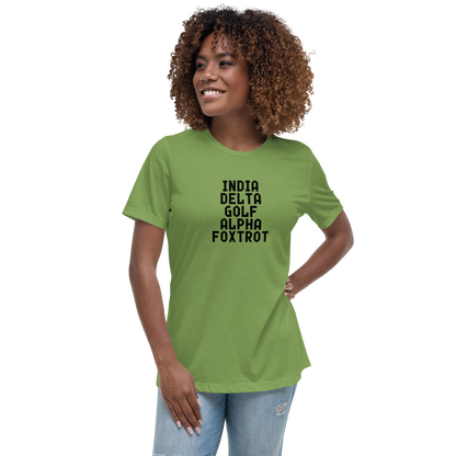 "India Delta Golf Alpha Foxtrot" printed on a leaf women's relaxed t-shirt worn by a female