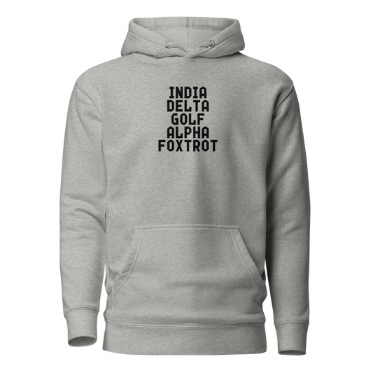 "India Delta Golf Alpha Foxtrot" printed on a carbon grey on an invisible / simulated body
