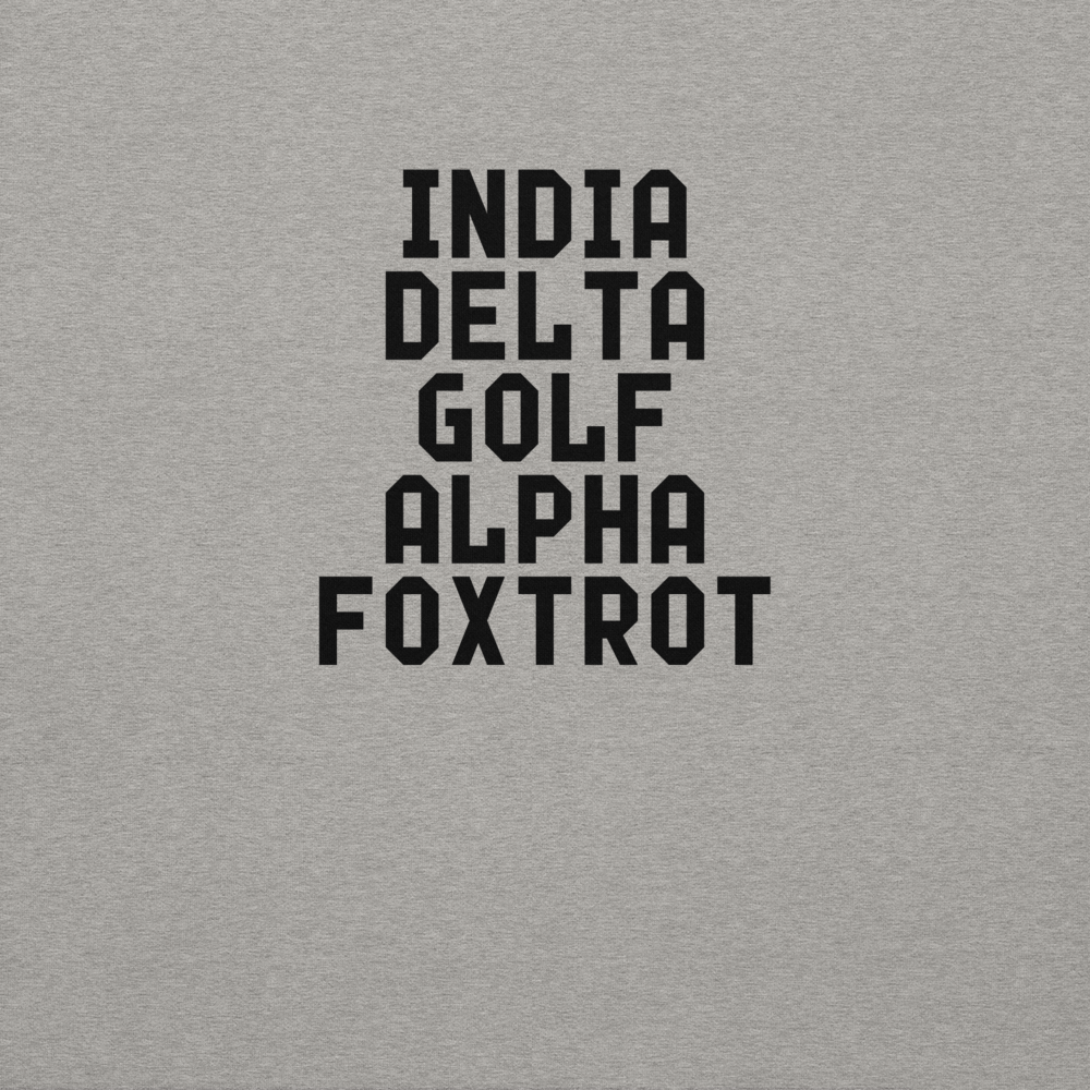 "India Delta Golf Alpha Foxtrot" printed on a carbon grey background