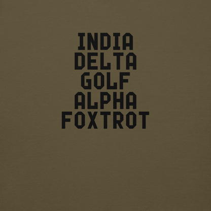 "India Delta Golf Alpha Foxtrot" printed on a military green background
