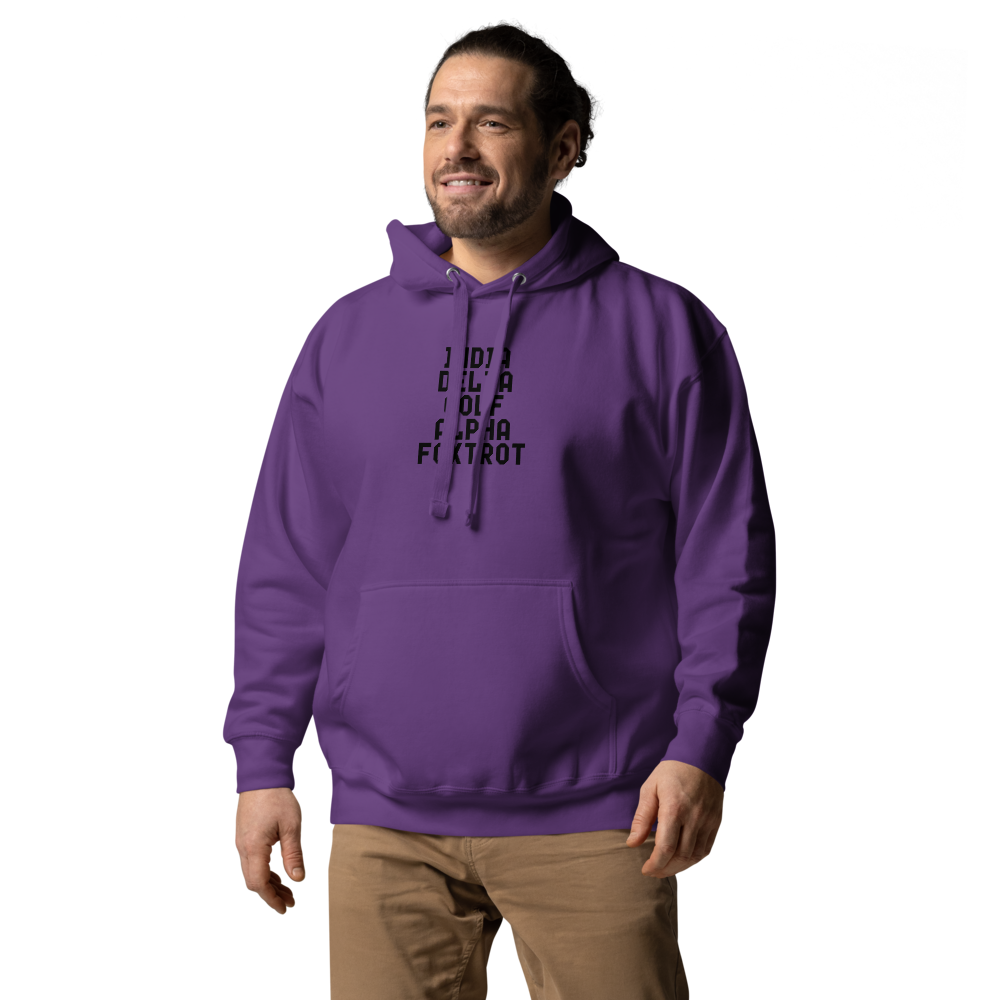 "India Delta Golf Alpha Foxtrot" printed on a purple unisex hoodie worn by a male