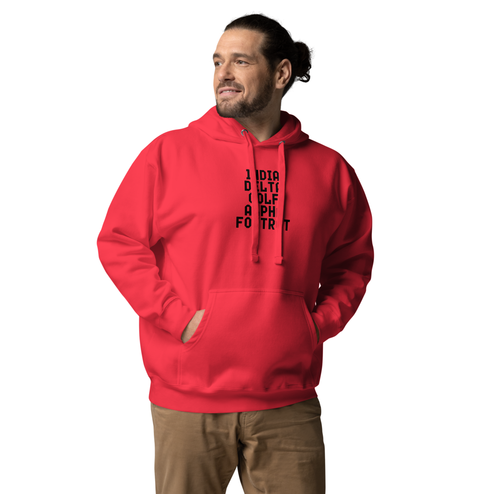 "India Delta Golf Alpha Foxtrot" printed on a team red unisex hoodie worn by a male