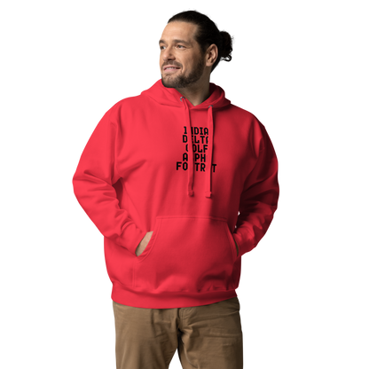 "India Delta Golf Alpha Foxtrot" printed on a team red unisex hoodie worn by a male