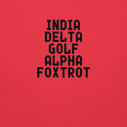 "India Delta Golf Alpha Foxtrot" printed on a team red background