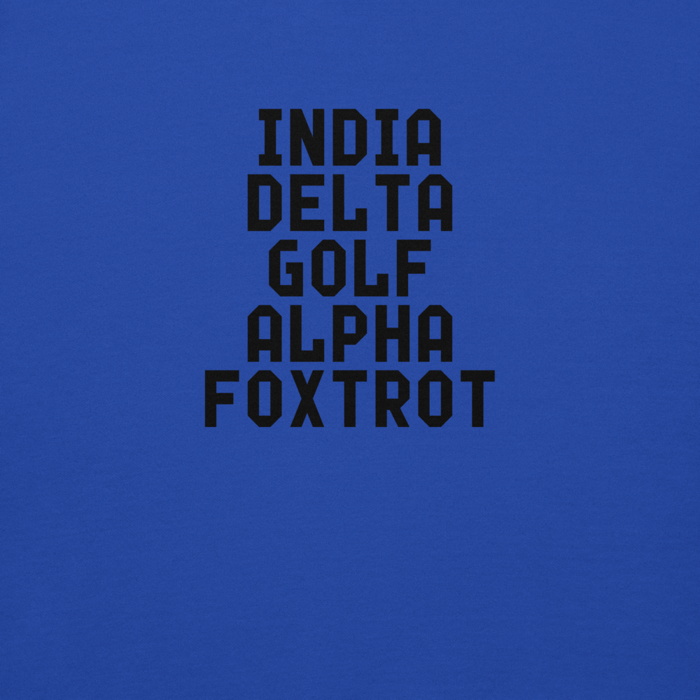 "India Delta Golf Alpha Foxtrot" printed on a team royal background