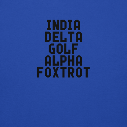 "India Delta Golf Alpha Foxtrot" printed on a team royal background