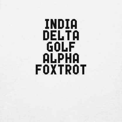 "India Delta Golf Alpha Foxtrot" printed on a white background