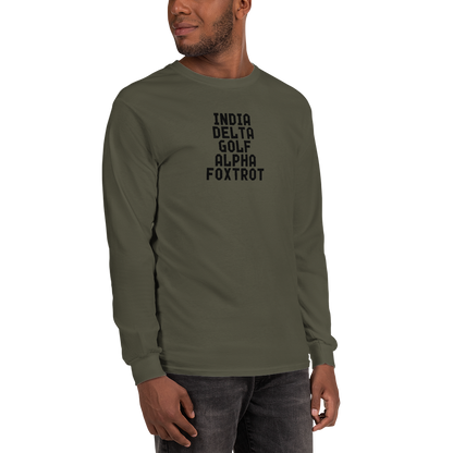 "India Delta Golf Alpha Foxtrot" printed on a military green men's long sleeve shirt worn by a male
