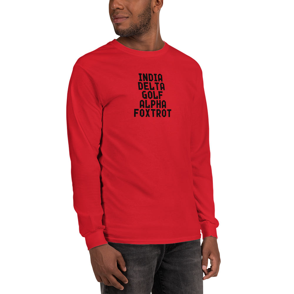 "India Delta Golf Alpha Foxtrot" printed on a red men's long sleeve shirt worn by a male