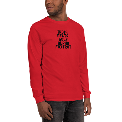 "India Delta Golf Alpha Foxtrot" printed on a red men's long sleeve shirt worn by a male