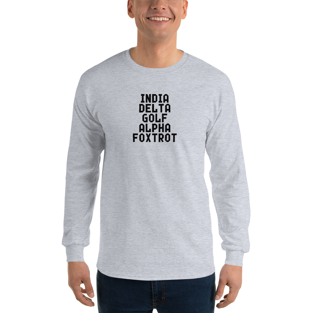 "India Delta Golf Alpha Foxtrot" printed on a sport grey men's long sleeve shirt worn by a male