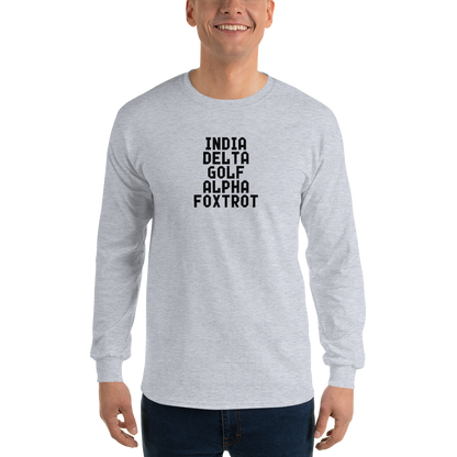 "India Delta Golf Alpha Foxtrot" printed on a sport grey men's long sleeve shirt worn by a male