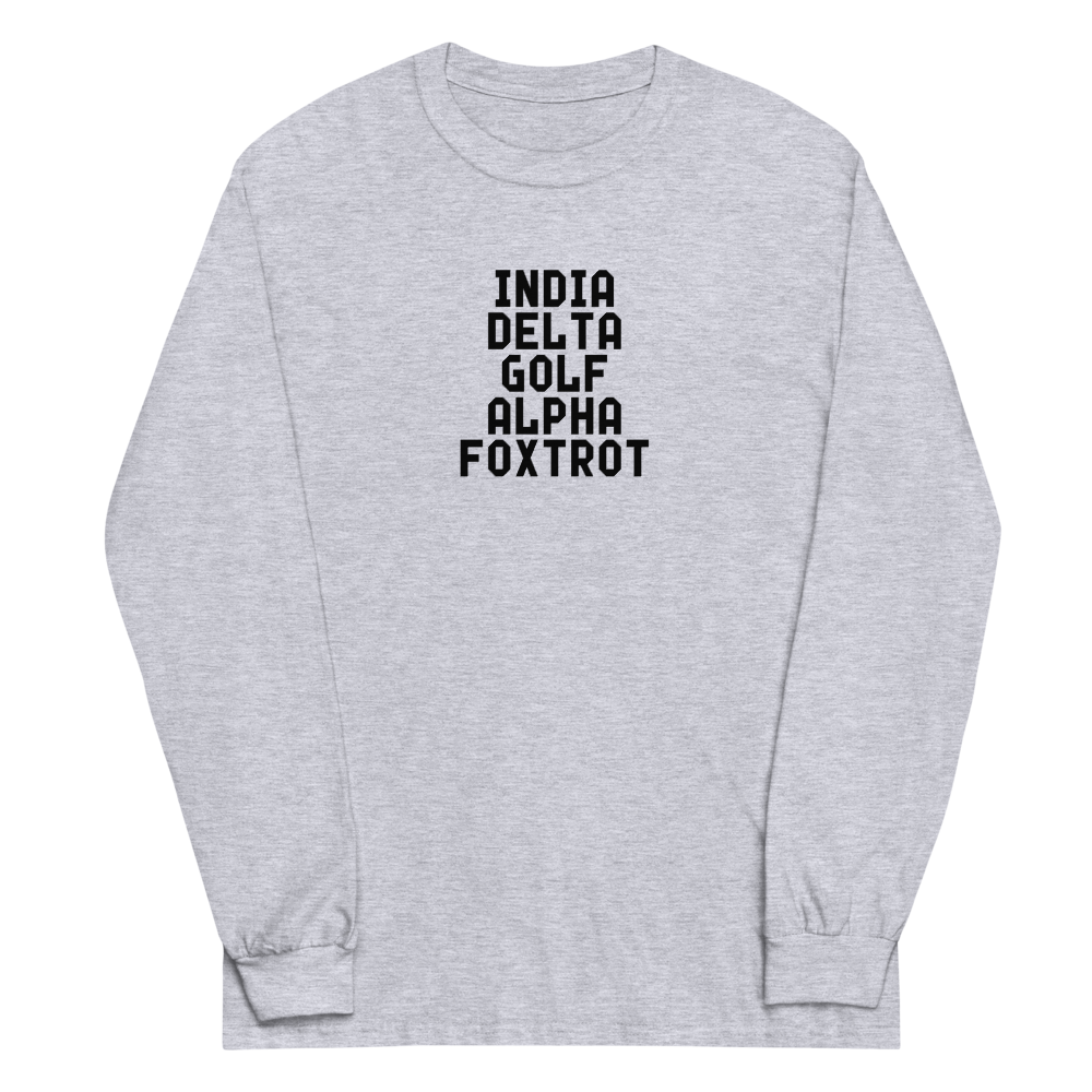 "India Delta Golf Alpha Foxtrot" printed on a sport grey men's long sleeve shirt laying on a flat surface