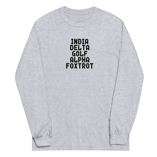 "India Delta Golf Alpha Foxtrot" printed on a sport grey men's long sleeve shirt laying on a flat surface