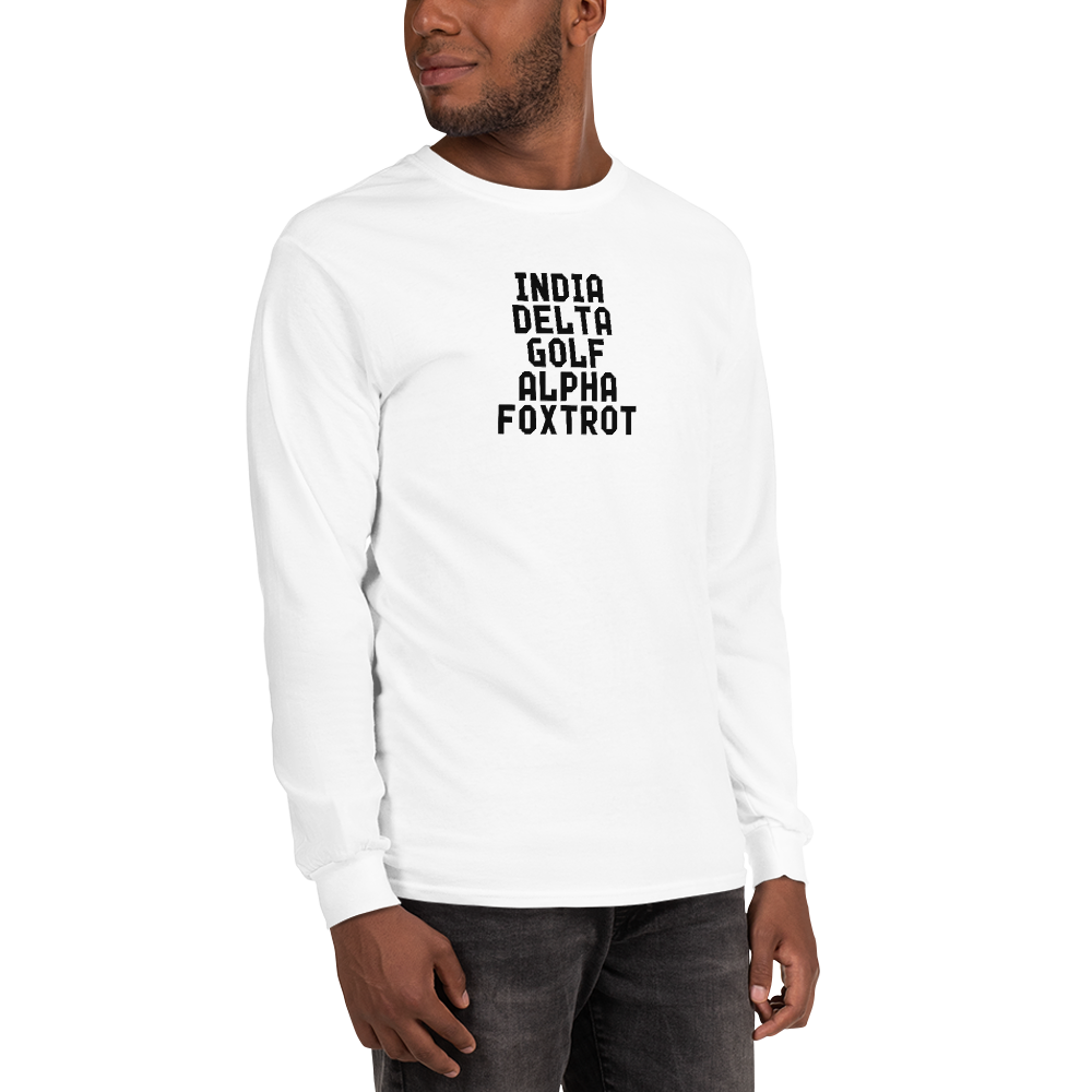 "India Delta Golf Alpha Foxtrot" printed on a white men's long sleeve shirt worn by a male