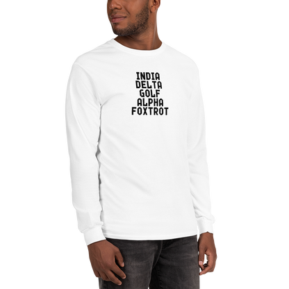 "India Delta Golf Alpha Foxtrot" printed on a white men's long sleeve shirt worn by a male