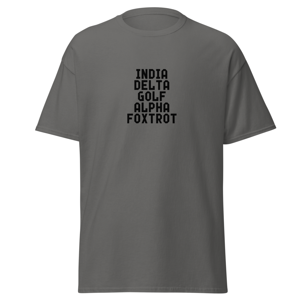 "India Delta Golf Alpha Foxtrot" printed on a charcoal on an invisible body