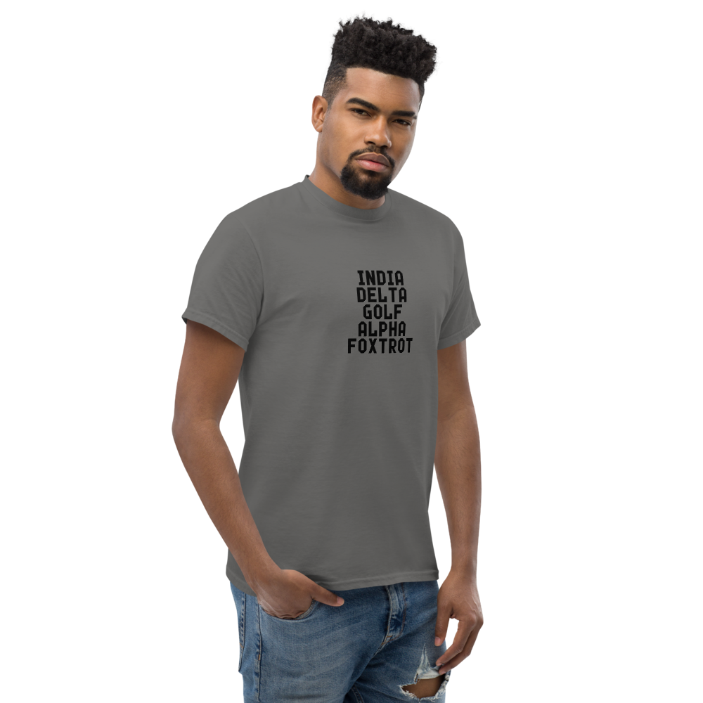 "India Delta Golf Alpha Foxtrot" printed on a charcoal unisex classic tee worn by a male