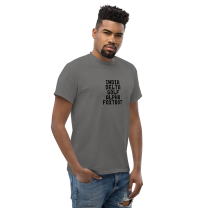 "India Delta Golf Alpha Foxtrot" printed on a charcoal unisex classic tee worn by a male