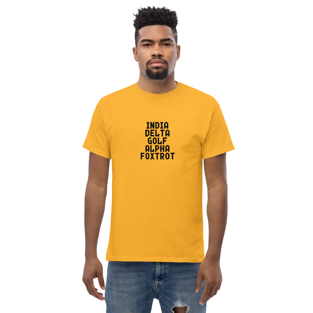"India Delta Golf Alpha Foxtrot" printed on a gold unisex classic tee worn by a male