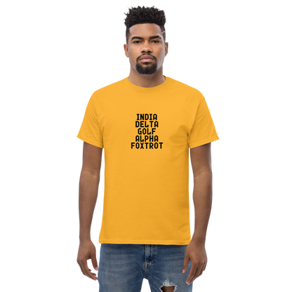 "India Delta Golf Alpha Foxtrot" printed on a gold unisex classic tee worn by a male