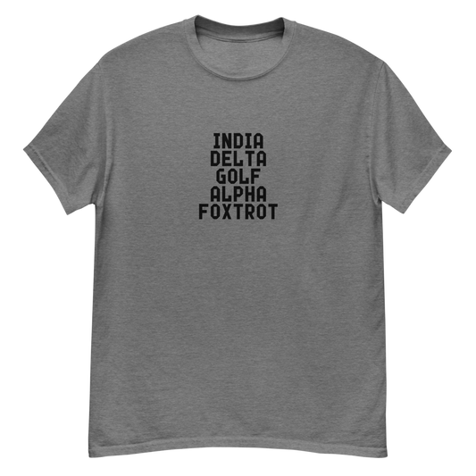 "India Delta Golf Alpha Foxtrot" printed on a graphite heather unisex classic tee laying on a flat surface