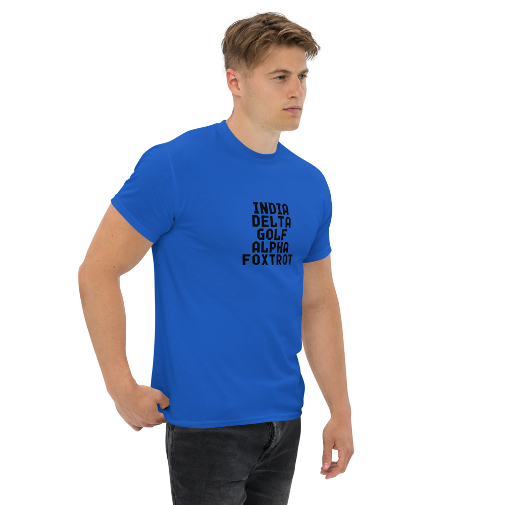 "India Delta Golf Alpha Foxtrot" printed on a royal unisex classic tee worn by a male
