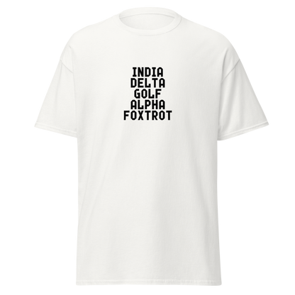 "India Delta Golf Alpha Foxtrot" printed on a white on an invisible body