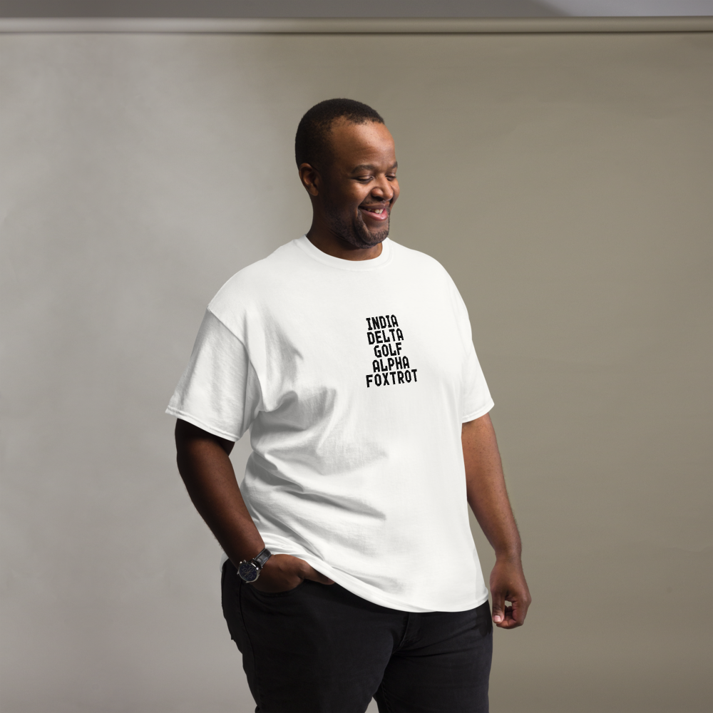 "India Delta Golf Alpha Foxtrot" printed on a white unisex classic tee worn by a male