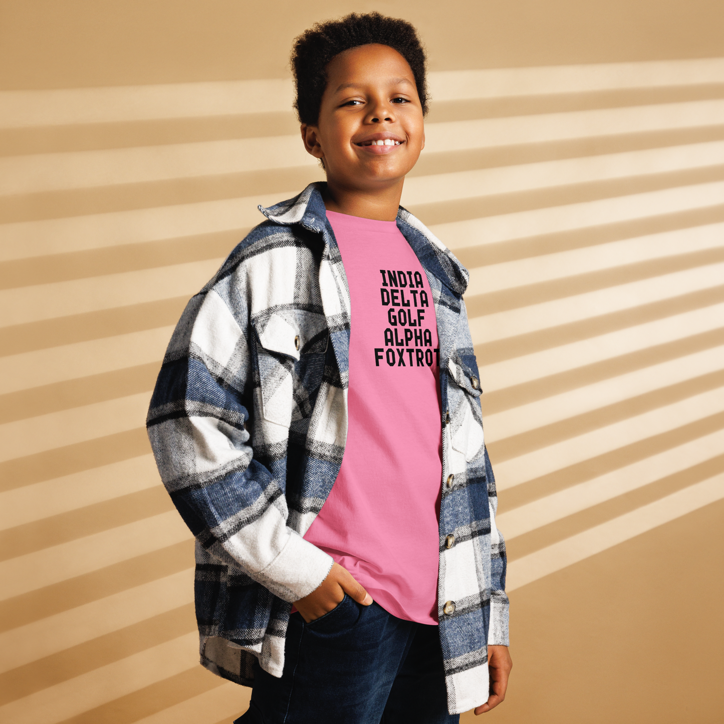 "India Delta Golf Alpha Foxtrot" printed on a azalea youth classic tee worn by a male also wearing a jacket