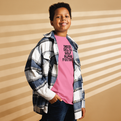 "India Delta Golf Alpha Foxtrot" printed on a azalea youth classic tee worn by a male also wearing a jacket