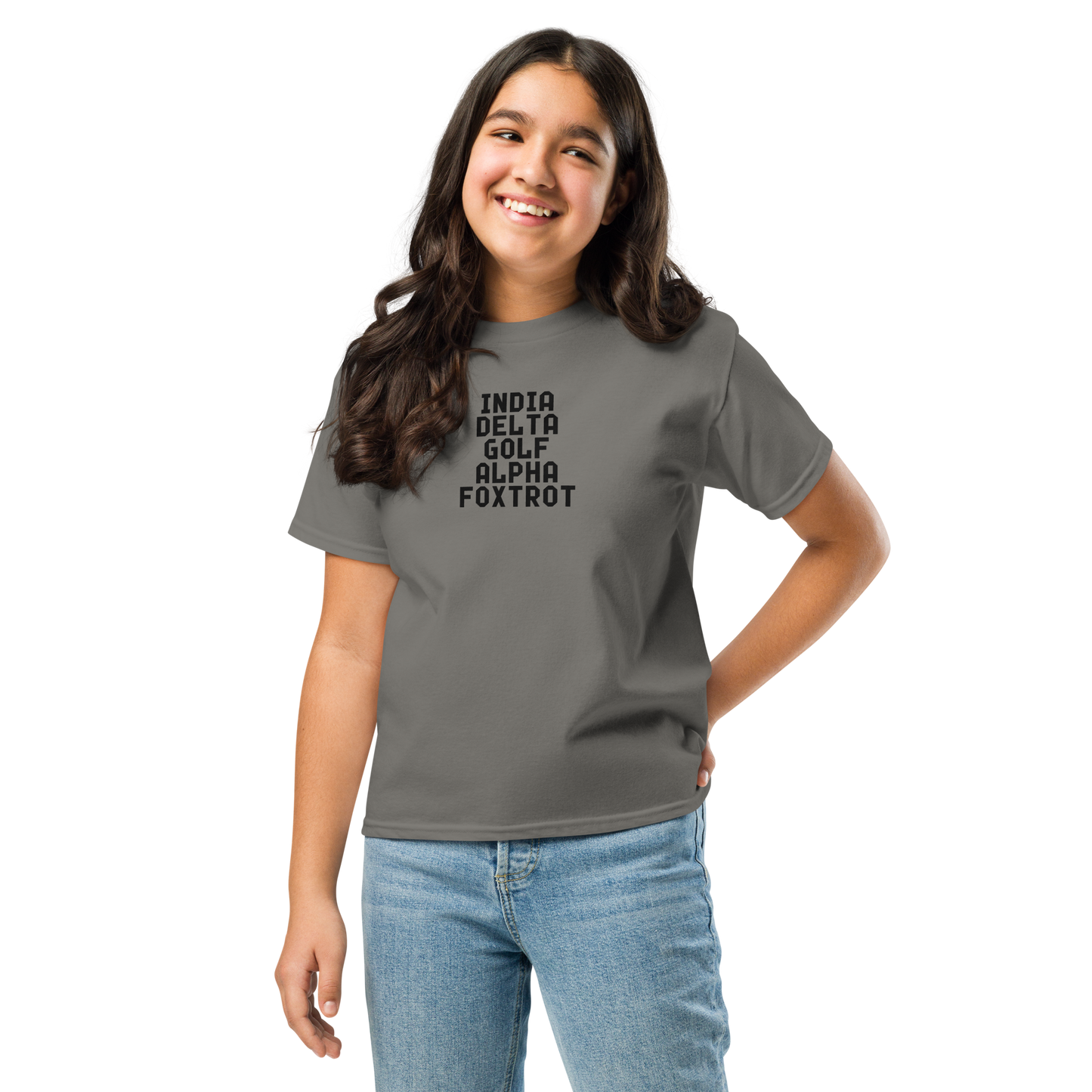 "India Delta Golf Alpha Foxtrot" printed on a charcoal youth classic tee worn by a female