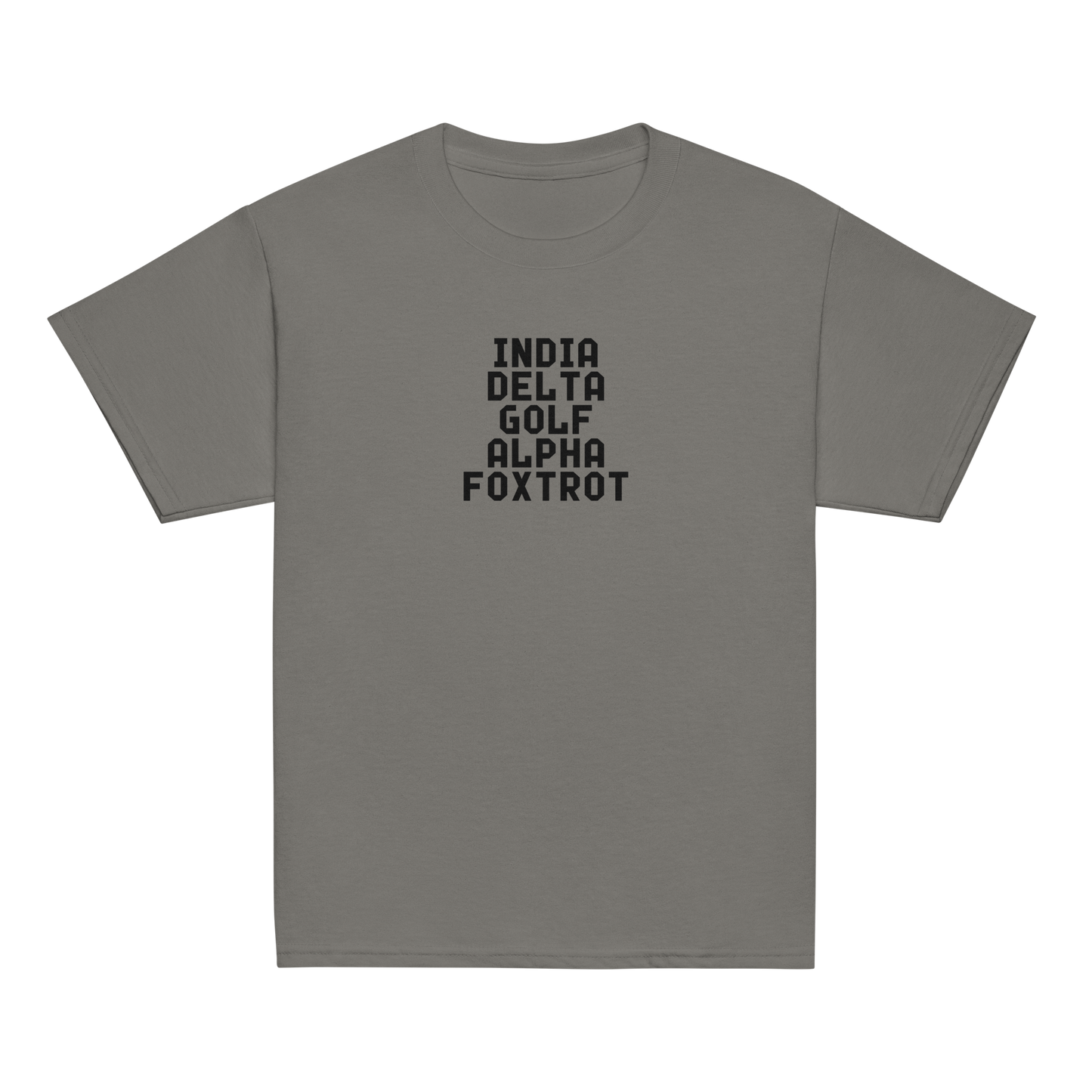 "India Delta Golf Alpha Foxtrot" printed on a charcoal youth classic tee laying on a flat surface