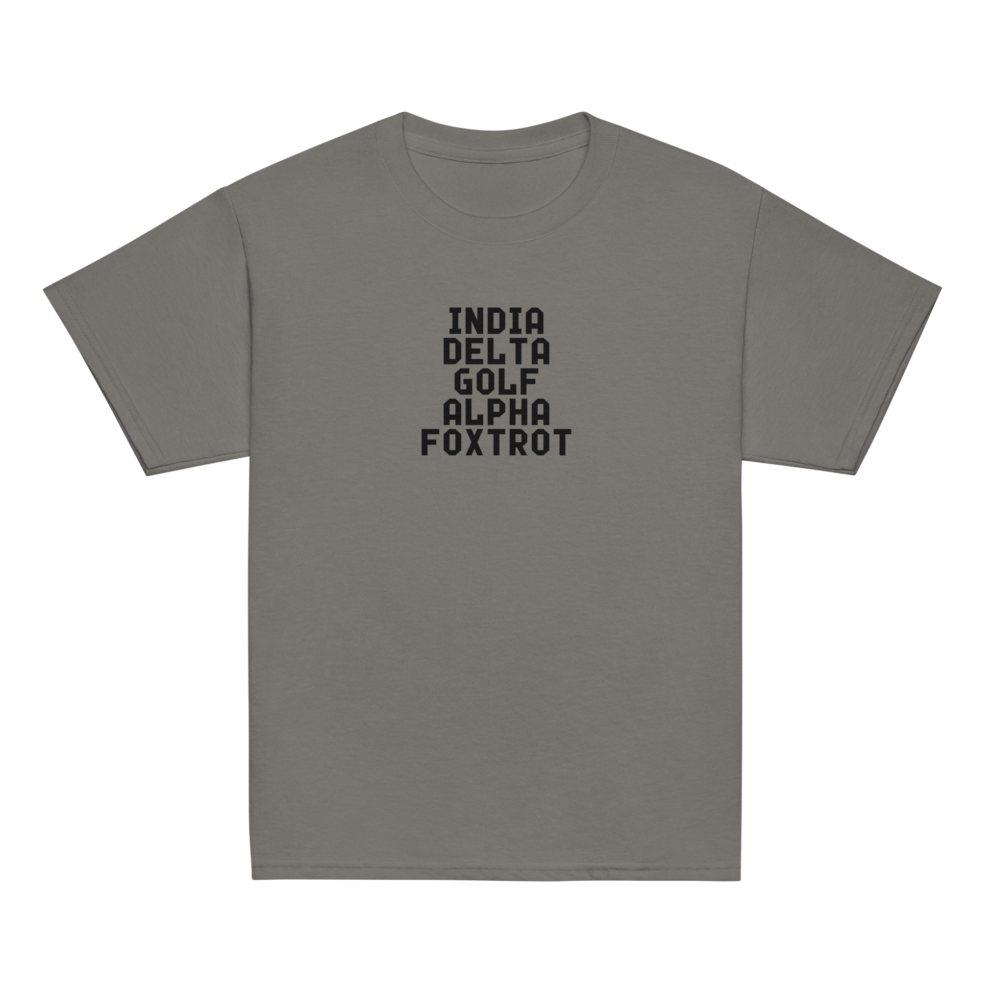 "India Delta Golf Alpha Foxtrot" printed on a charcoal youth classic tee laying on a flat surface