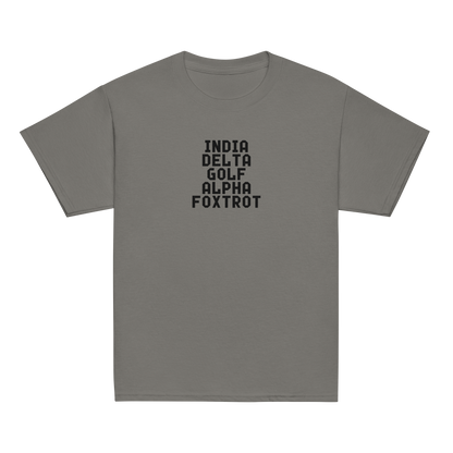 "India Delta Golf Alpha Foxtrot" printed on a charcoal youth classic tee laying on a flat surface