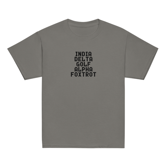 "India Delta Golf Alpha Foxtrot" printed on a charcoal youth classic tee laying on a flat surface