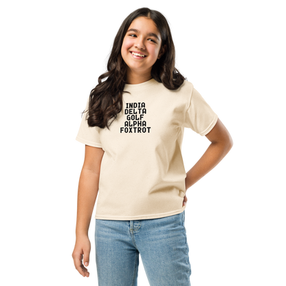 "India Delta Golf Alpha Foxtrot" printed on a natural youth classic tee worn by a female