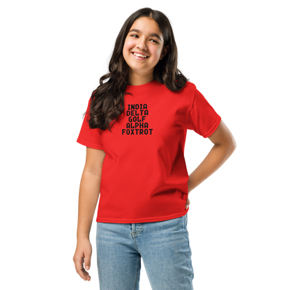 "India Delta Golf Alpha Foxtrot" printed on a red youth classic tee worn by a female
