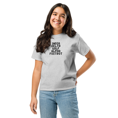"India Delta Golf Alpha Foxtrot" printed on a sport grey youth classic tee worn by a female