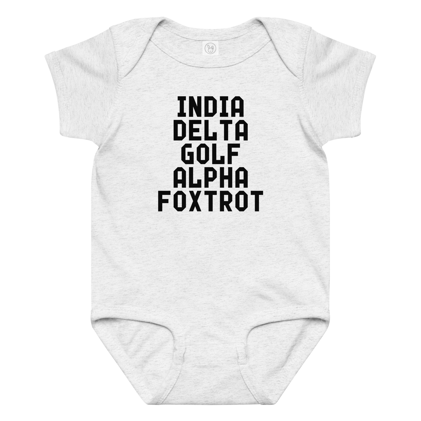 "India Delta Golf Alpha Foxtrot" printed on a ash baby jersey bodysuit laying on a flat surface amongst other clothes
