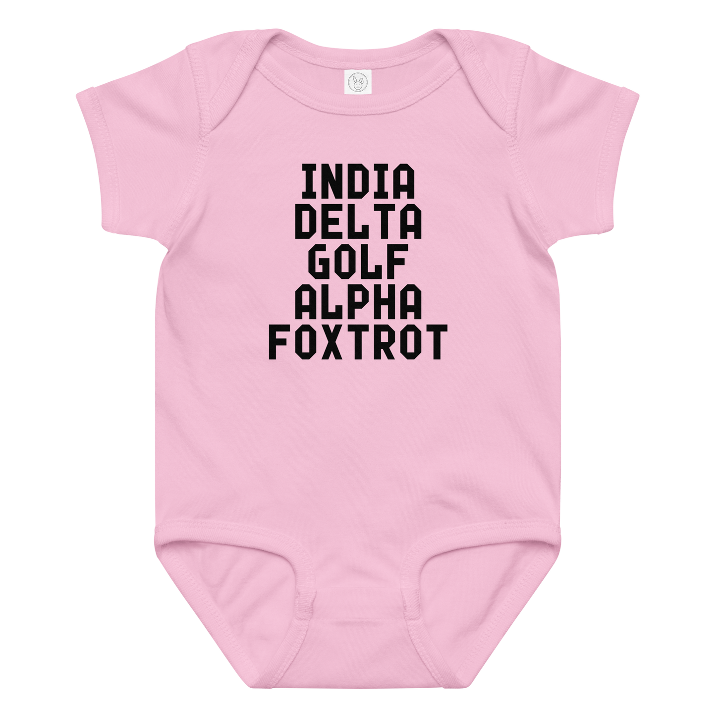 "India Delta Golf Alpha Foxtrot" printed on a pink baby jersey bodysuit laying on a flat surface amongst other clothes