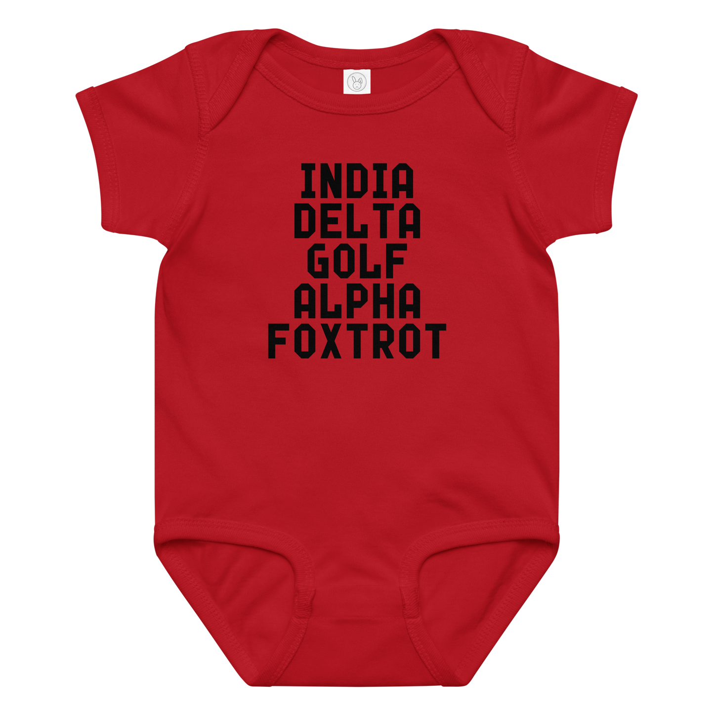 "India Delta Golf Alpha Foxtrot" printed on a red baby jersey bodysuit laying on a flat surface amongst other clothes