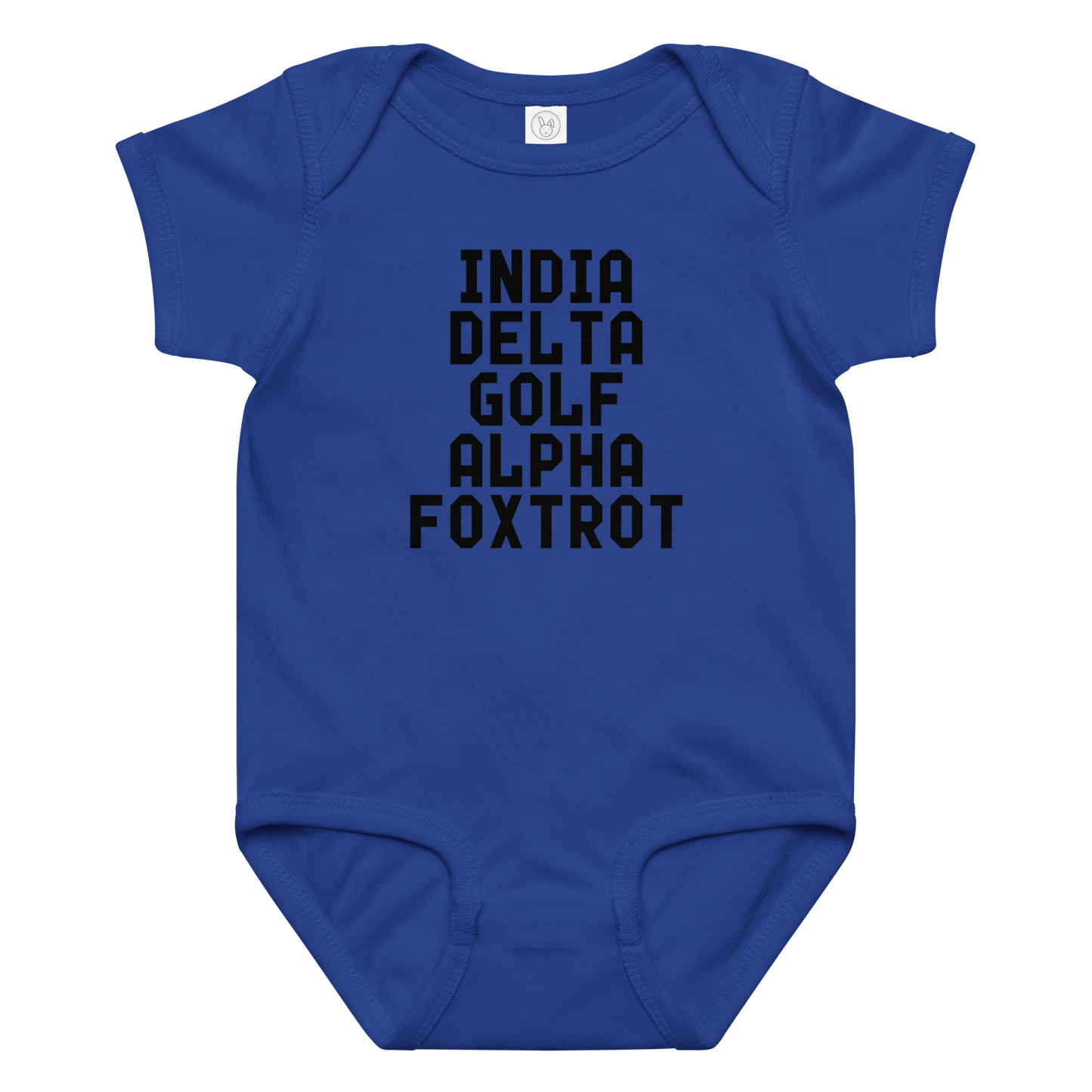 "India Delta Golf Alpha Foxtrot" printed on a royal baby jersey bodysuit laying on a flat surface amongst other clothes
