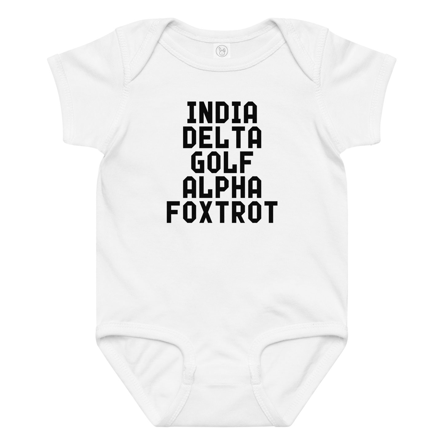 "India Delta Golf Alpha Foxtrot" printed on a white baby jersey bodysuit laying on a flat surface amongst other clothes
