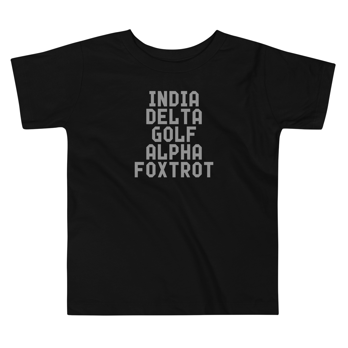 "India Delta Golf Alpha Foxtrot" printed on a black toddler short sleeve tee laying on a flat surface