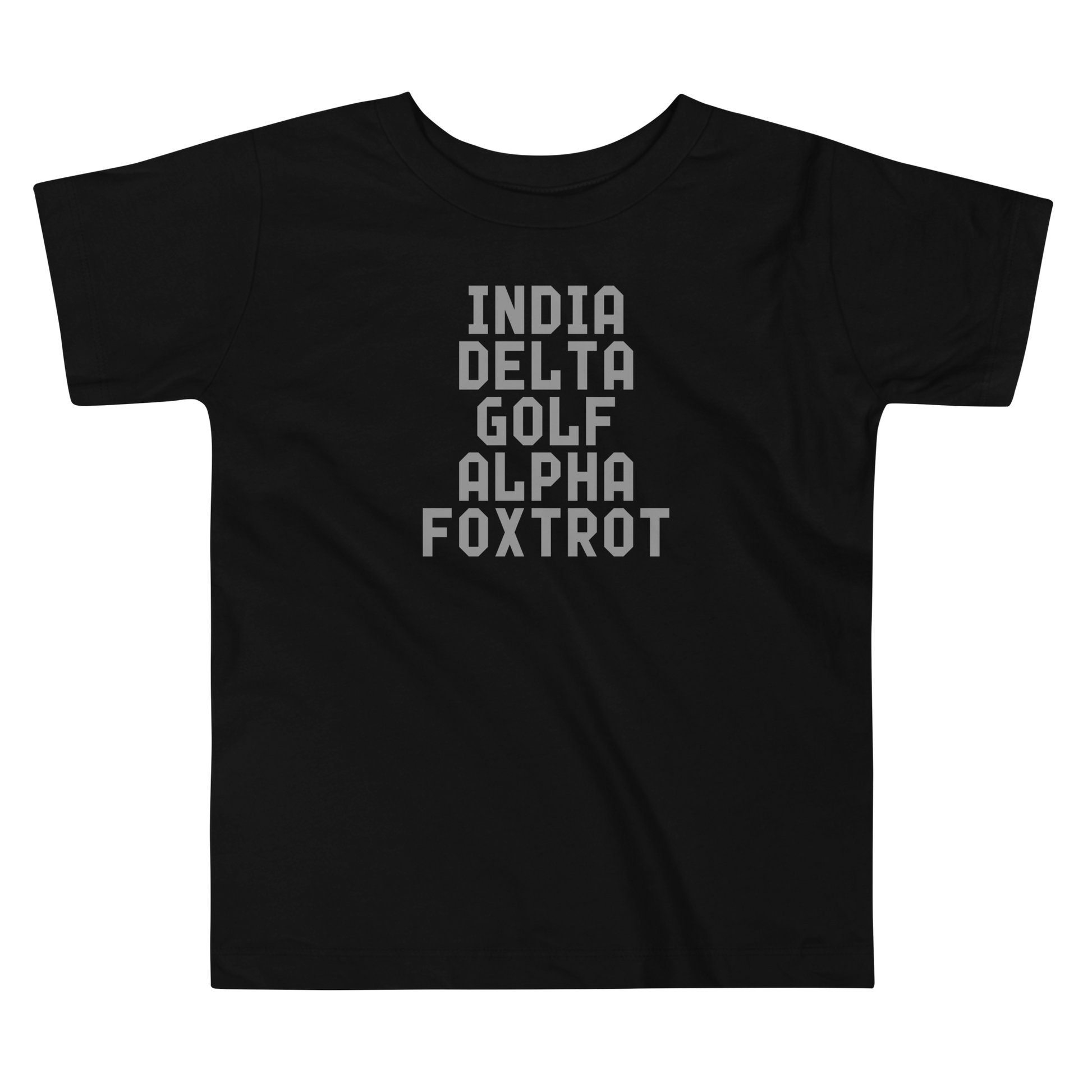 "India Delta Golf Alpha Foxtrot" printed on a black toddler short sleeve tee laying on a flat surface
