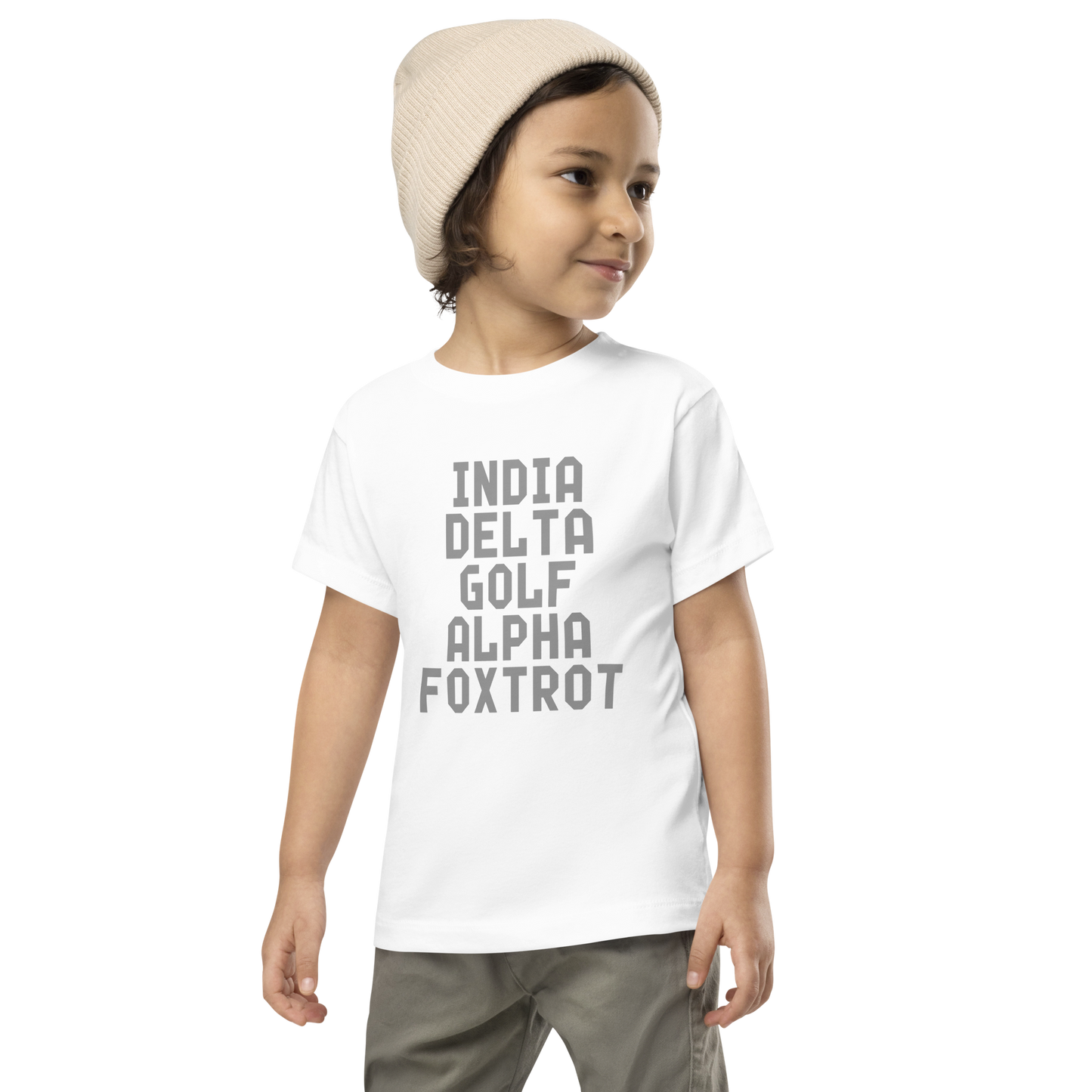 "India Delta Golf Alpha Foxtrot" printed on a white toddler short sleeve tee worn by a male wearing a cap