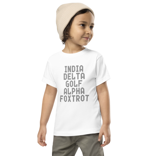 "India Delta Golf Alpha Foxtrot" printed on a white toddler short sleeve tee worn by a male wearing a cap
