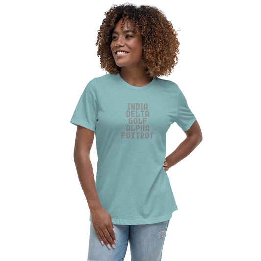 "India Delta Golf Alpha Foxtrot" printed on a heather blue lagoon women's relaxed t-shirt worn by a female